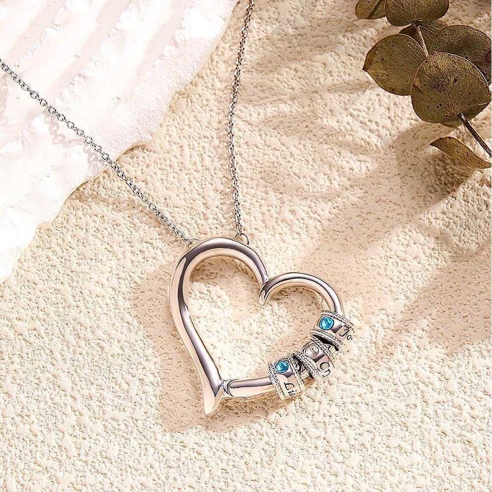 Collar De Corazón Grabado Personalizado Con Cuentas De Piedra Natal Collar Encantador Para Mamá - soufeeles
