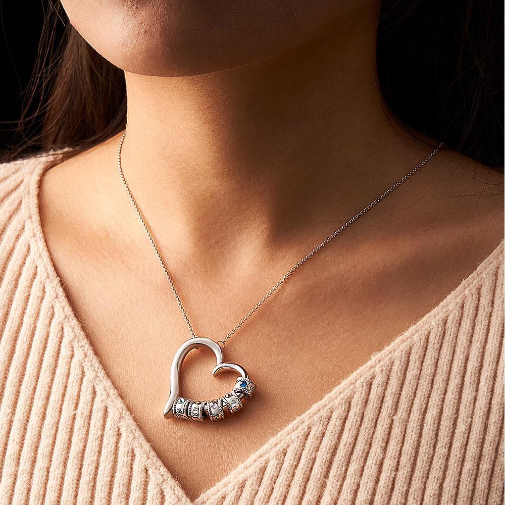 Collar De Corazón Grabado Personalizado Con Cuentas De Piedra Natal Collar Encantador Para Mamá - soufeeles