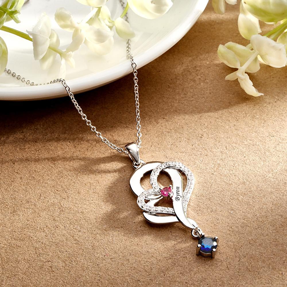 Collar De Corazones Dobles Con Piedra Natal Personalizada, Joyería Colgante Elegante Grabada Para Ella - soufeeles
