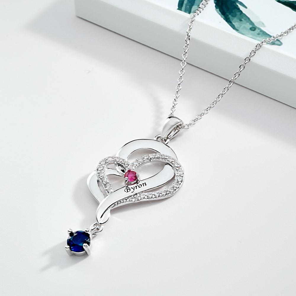 Collar De Corazones Dobles Con Piedra Natal Personalizada, Joyería Colgante Elegante Grabada Para Ella - soufeeles