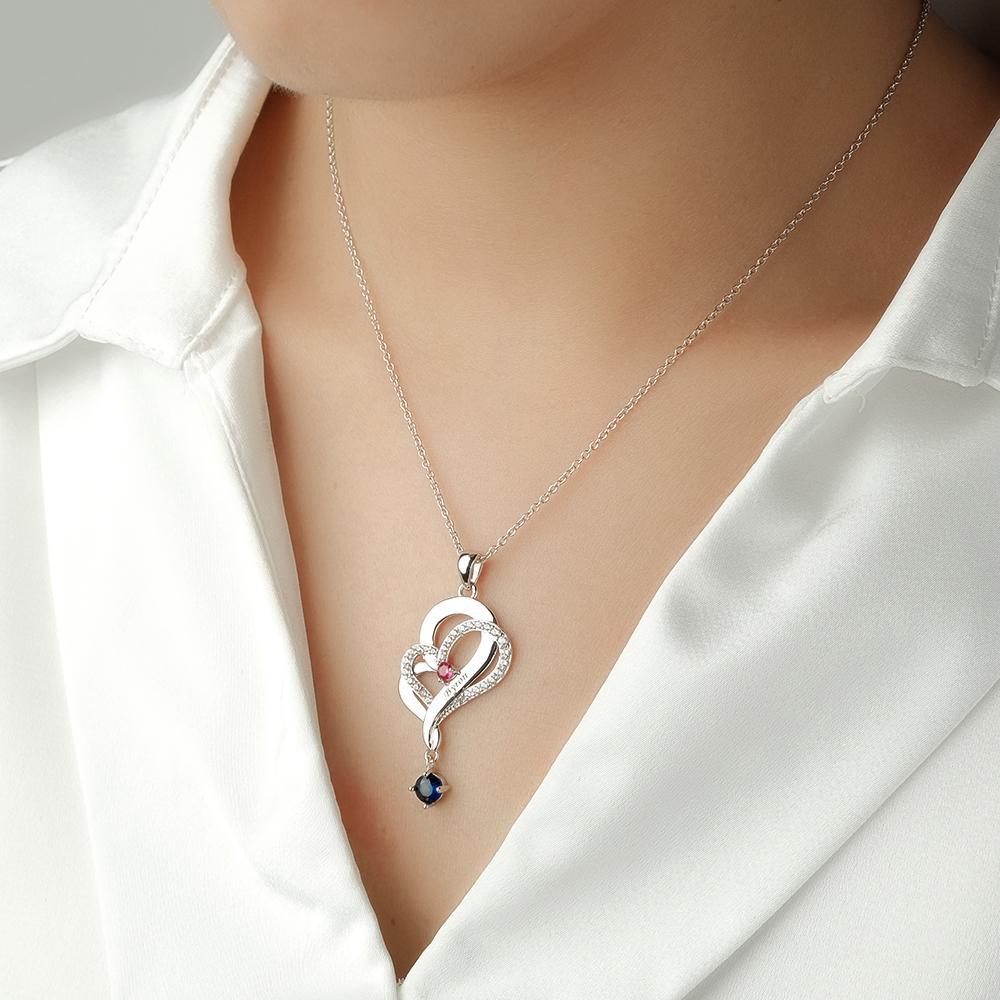 Collar De Corazones Dobles Con Piedra Natal Personalizada, Joyería Colgante Elegante Grabada Para Ella - soufeeles