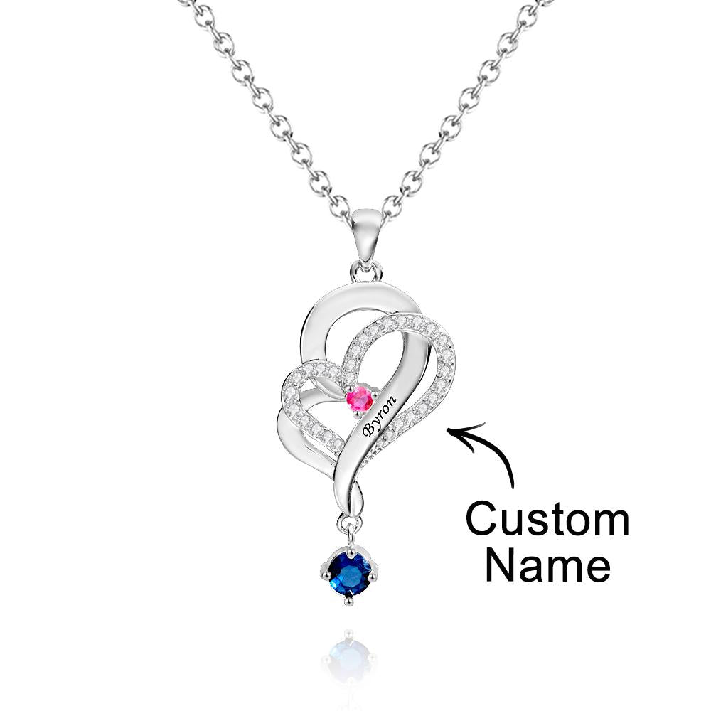 Collar De Corazones Dobles Con Piedra Natal Personalizada, Joyería Colgante Elegante Grabada Para Ella - soufeeles