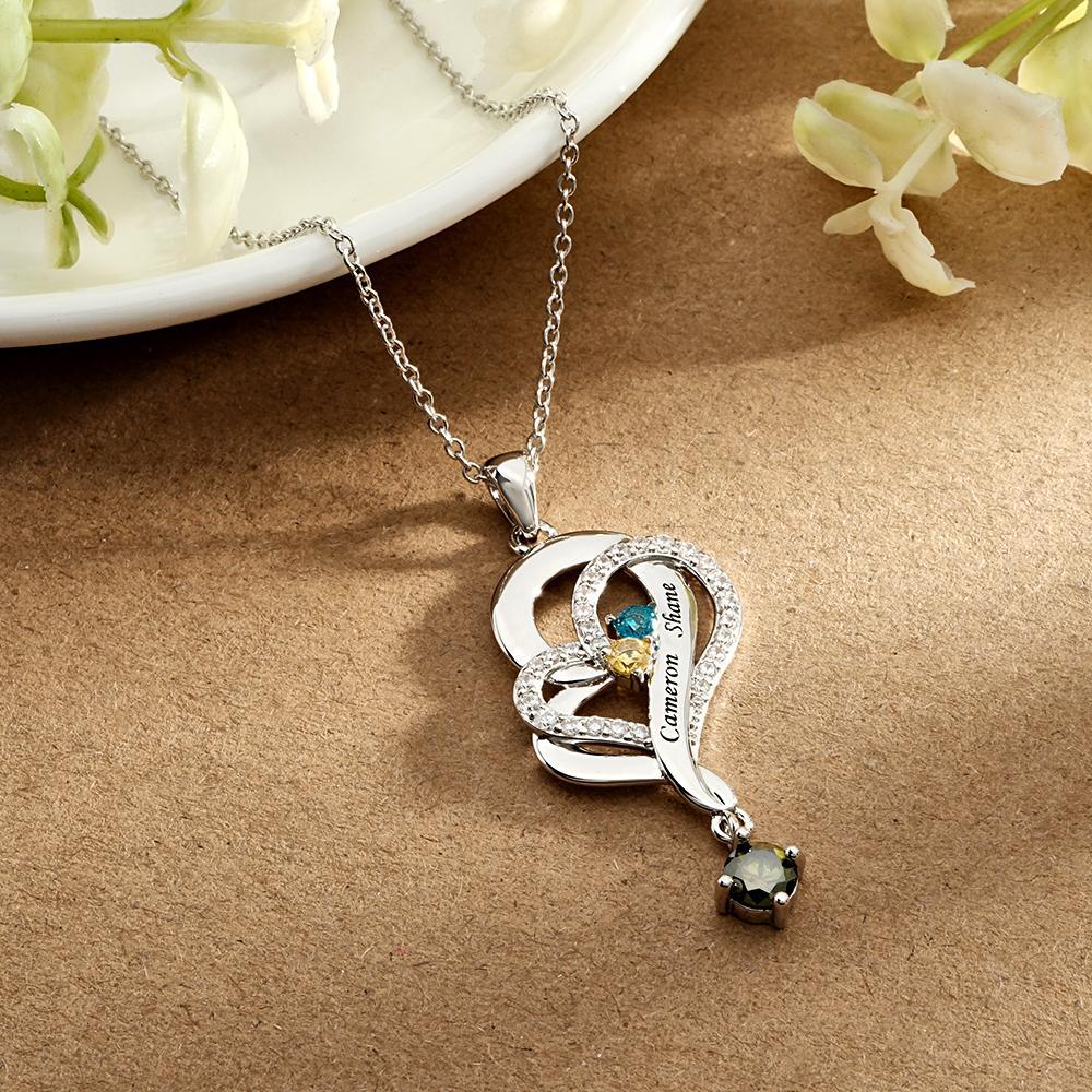 Collar De Corazones Dobles Con Piedra Natal Personalizada, Joyería Colgante Elegante Grabada Para Ella - soufeeles