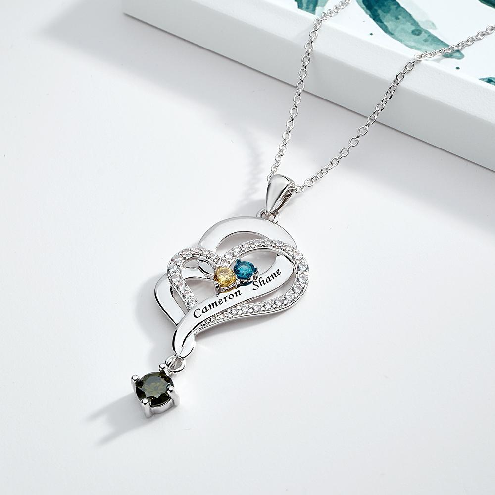 Collar De Corazones Dobles Con Piedra Natal Personalizada, Joyería Colgante Elegante Grabada Para Ella - soufeeles
