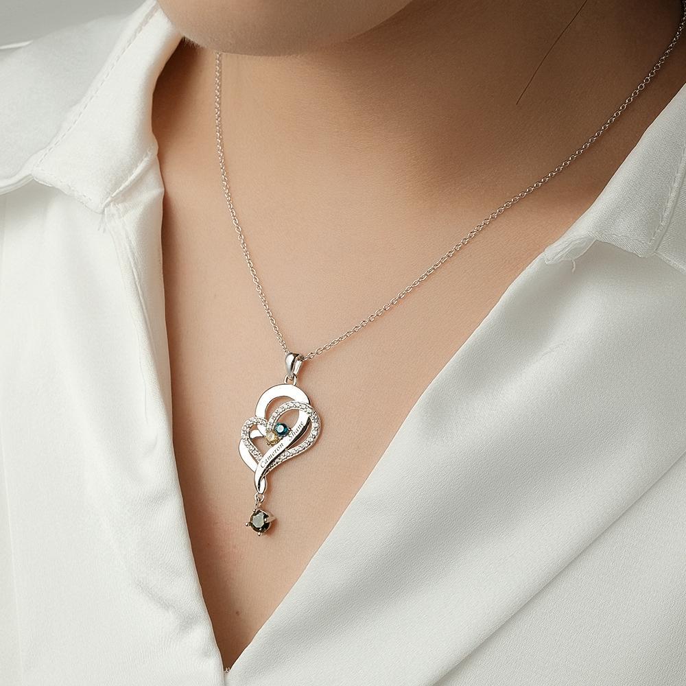 Collar De Corazones Dobles Con Piedra Natal Personalizada, Joyería Colgante Elegante Grabada Para Ella - soufeeles
