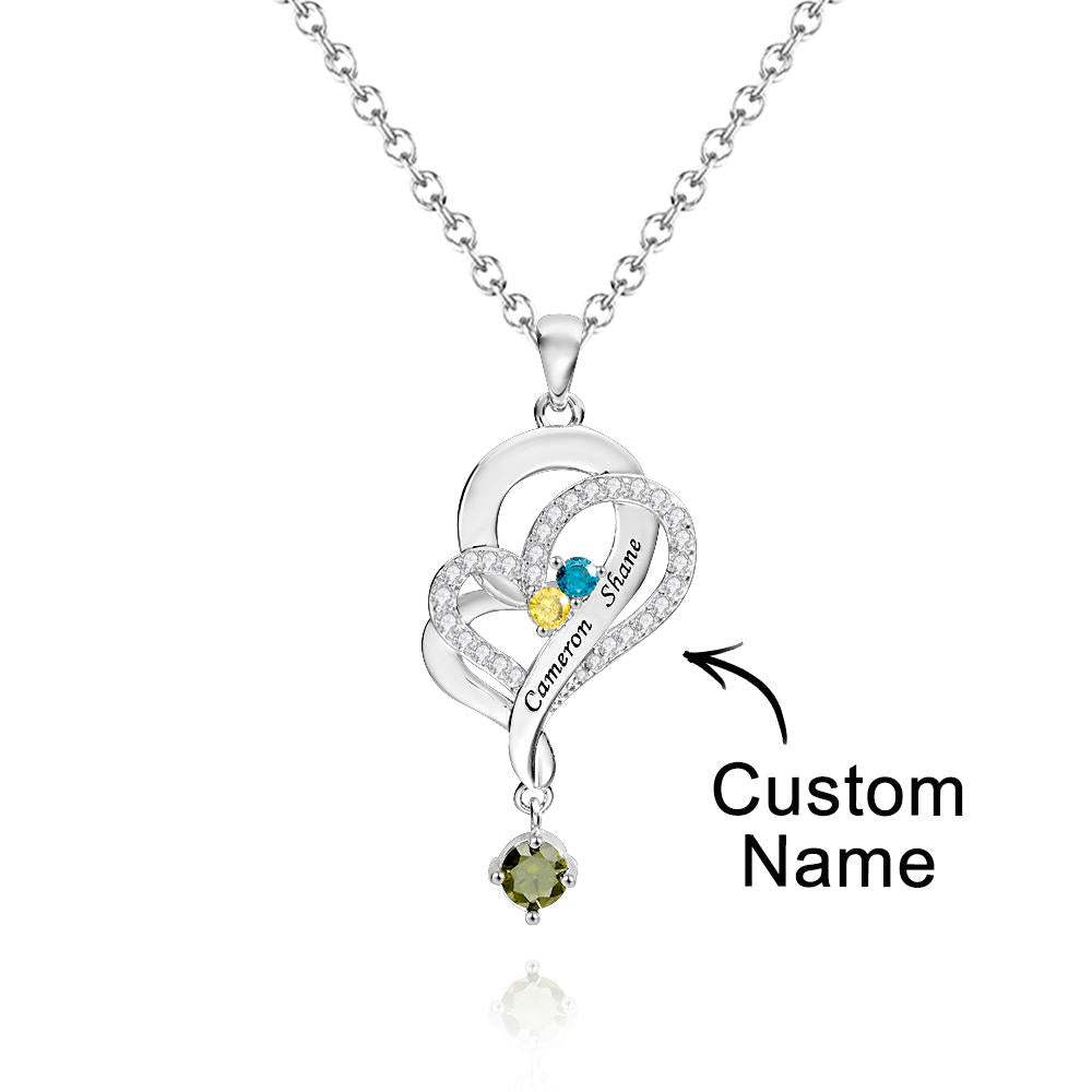 Collar De Corazones Dobles Con Piedra Natal Personalizada, Joyería Colgante Elegante Grabada Para Ella - soufeeles