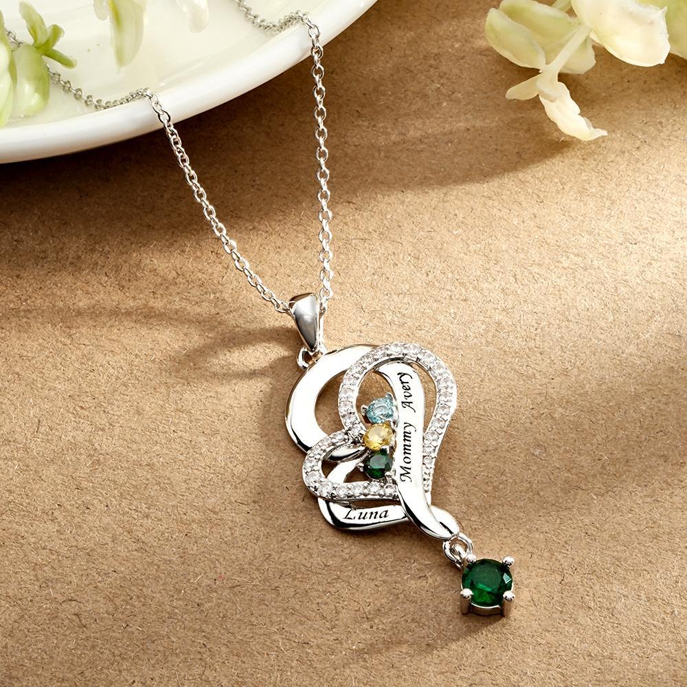 Collar De Corazones Dobles Con Piedra Natal Personalizada, Joyería Colgante Elegante Grabada Para Ella - soufeeles