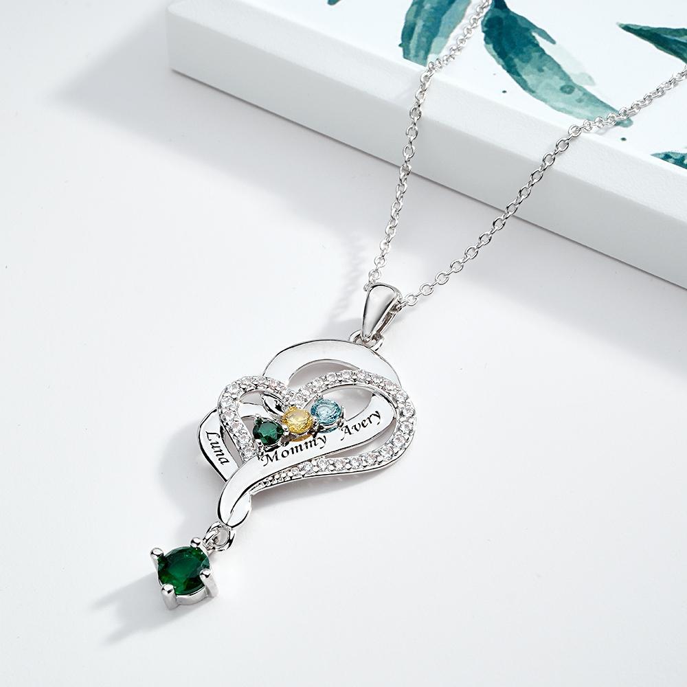 Collar De Corazones Dobles Con Piedra Natal Personalizada, Joyería Colgante Elegante Grabada Para Ella - soufeeles