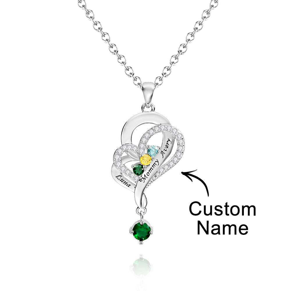Collar De Corazones Dobles Con Piedra Natal Personalizada, Joyería Colgante Elegante Grabada Para Ella - soufeeles