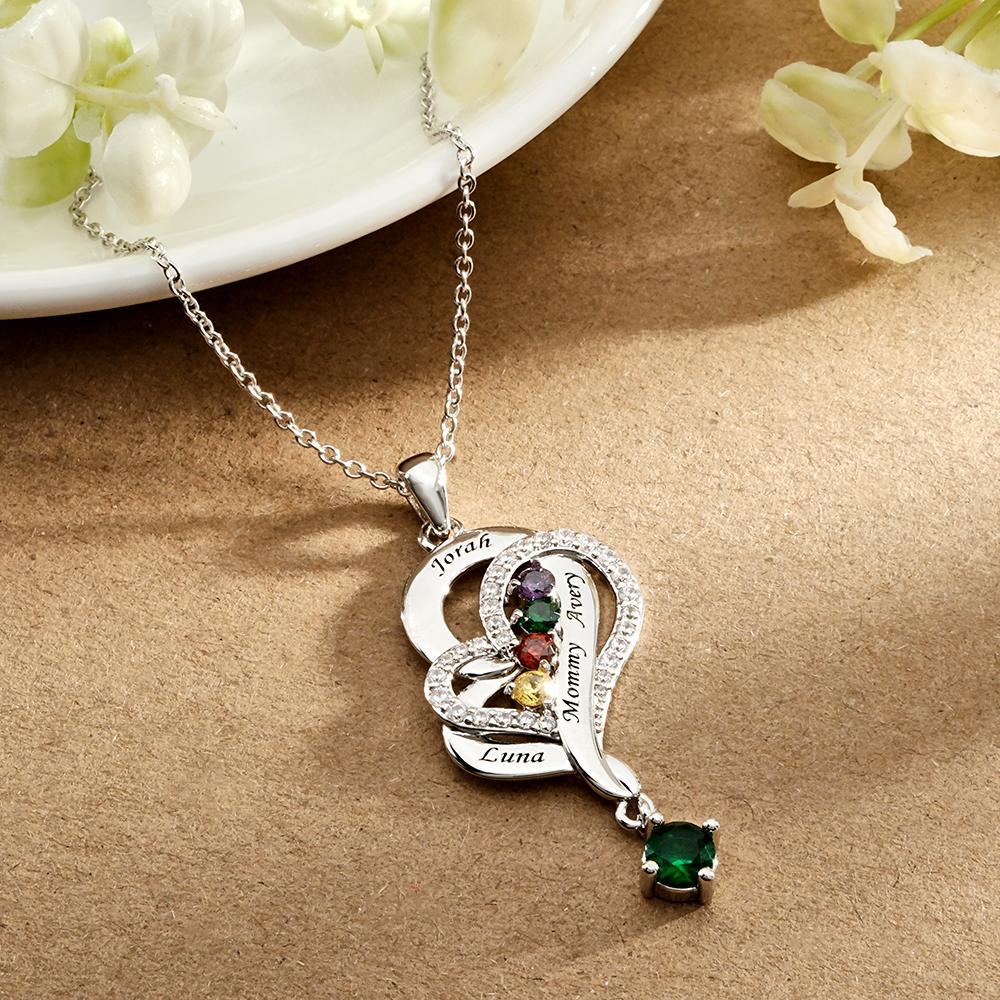 Collar De Corazones Dobles Con Piedra Natal Personalizada, Joyería Colgante Elegante Grabada Para Ella - soufeeles