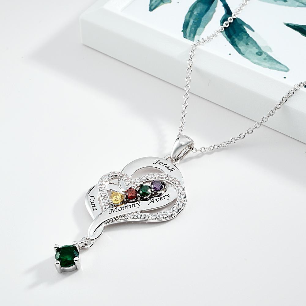 Collar De Corazones Dobles Con Piedra Natal Personalizada, Joyería Colgante Elegante Grabada Para Ella - soufeeles