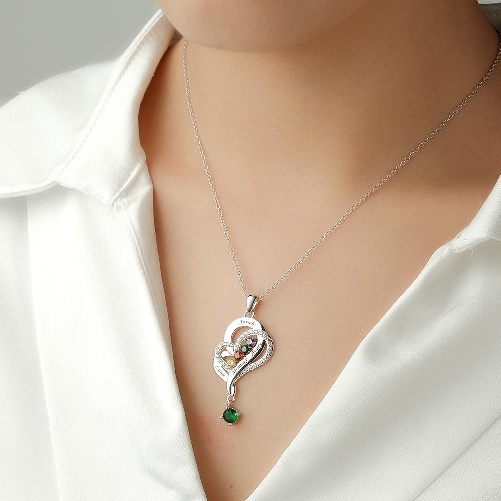 Collar De Corazones Dobles Con Piedra Natal Personalizada, Joyería Colgante Elegante Grabada Para Ella - soufeeles
