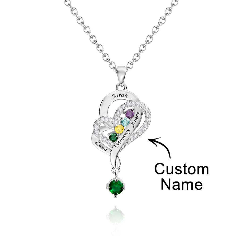 Collar De Corazones Dobles Con Piedra Natal Personalizada, Joyería Colgante Elegante Grabada Para Ella - soufeeles