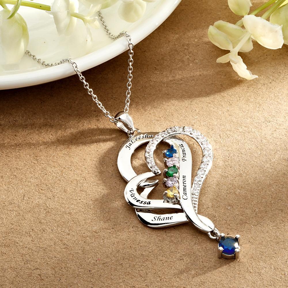 Collar De Corazones Dobles Con Piedra Natal Personalizada, Joyería Colgante Elegante Grabada Para Ella - soufeeles