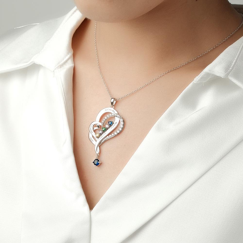 Collar De Corazones Dobles Con Piedra Natal Personalizada, Joyería Colgante Elegante Grabada Para Ella - soufeeles