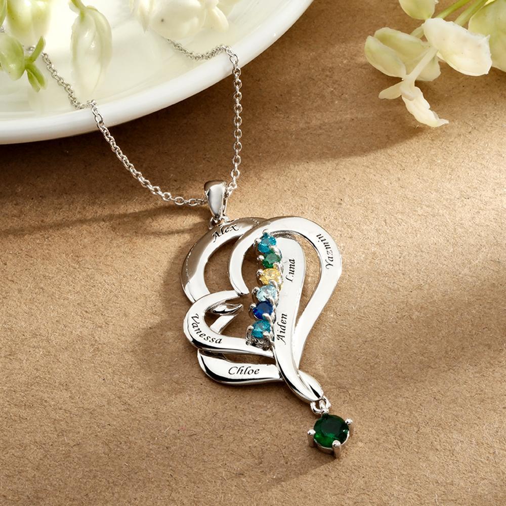 Collar De Corazones Dobles Con Piedra Natal Personalizada, Joyería Colgante Elegante Grabada Para Ella - soufeeles