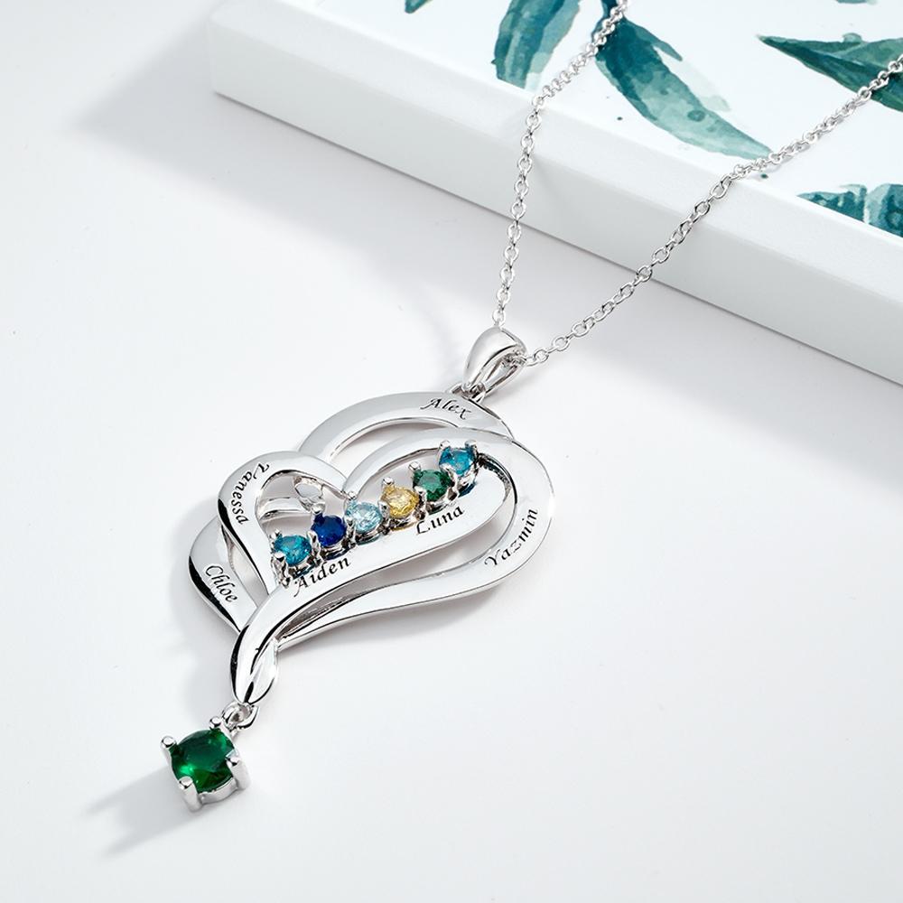 Collar De Corazones Dobles Con Piedra Natal Personalizada, Joyería Colgante Elegante Grabada Para Ella - soufeeles