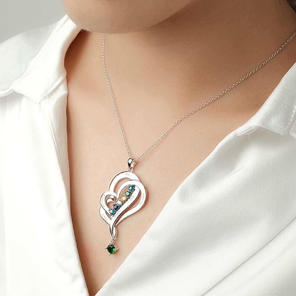 Collar De Corazones Dobles Con Piedra Natal Personalizada, Joyería Colgante Elegante Grabada Para Ella - soufeeles