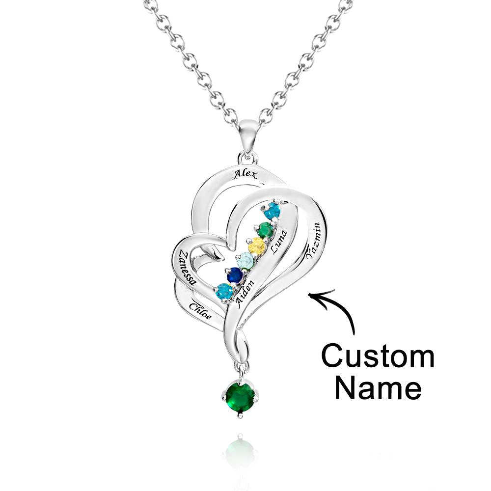 Collar De Corazones Dobles Con Piedra Natal Personalizada, Joyería Colgante Elegante Grabada Para Ella - soufeeles