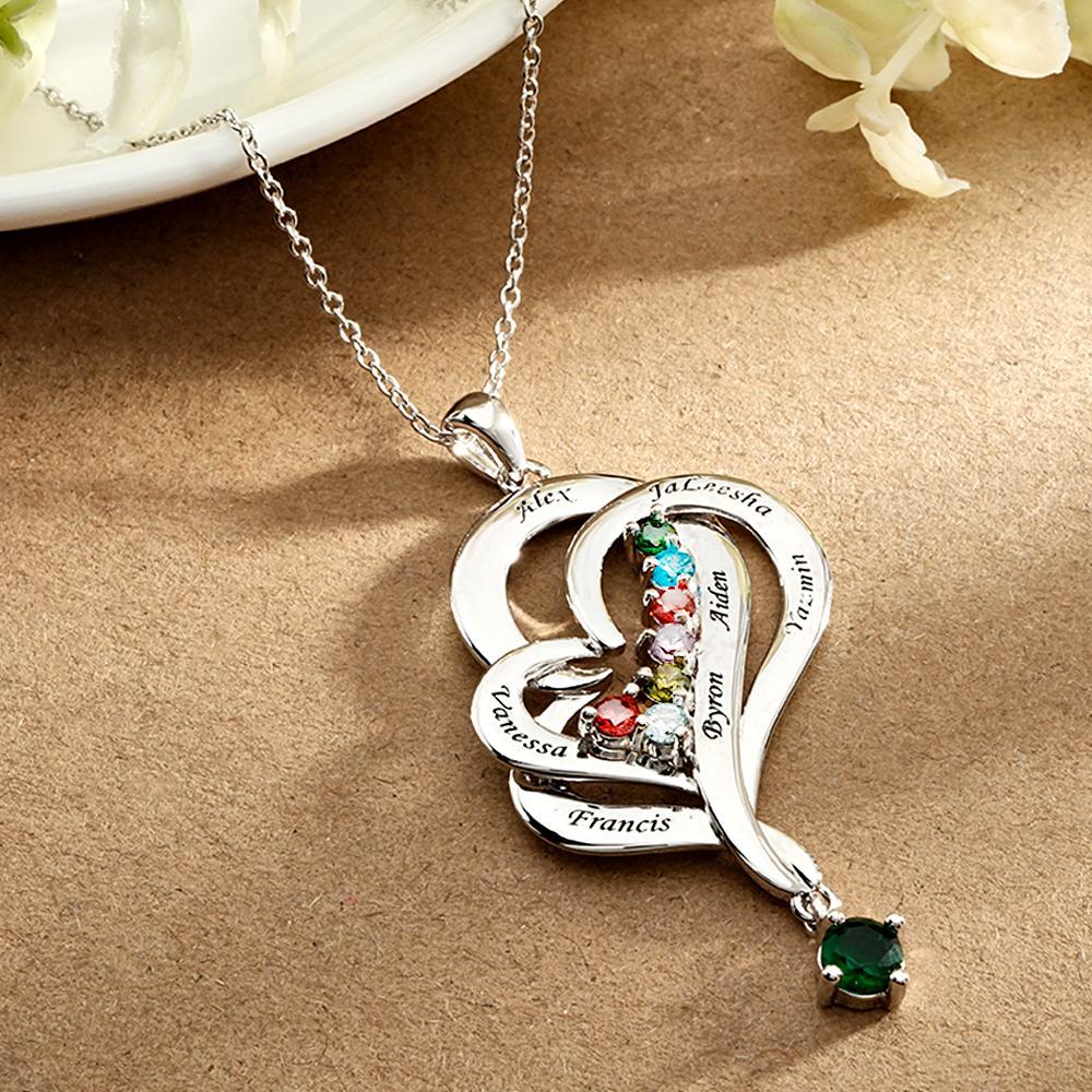 Collar De Corazones Dobles Con Piedra Natal Personalizada, Joyería Colgante Elegante Grabada Para Ella - soufeeles