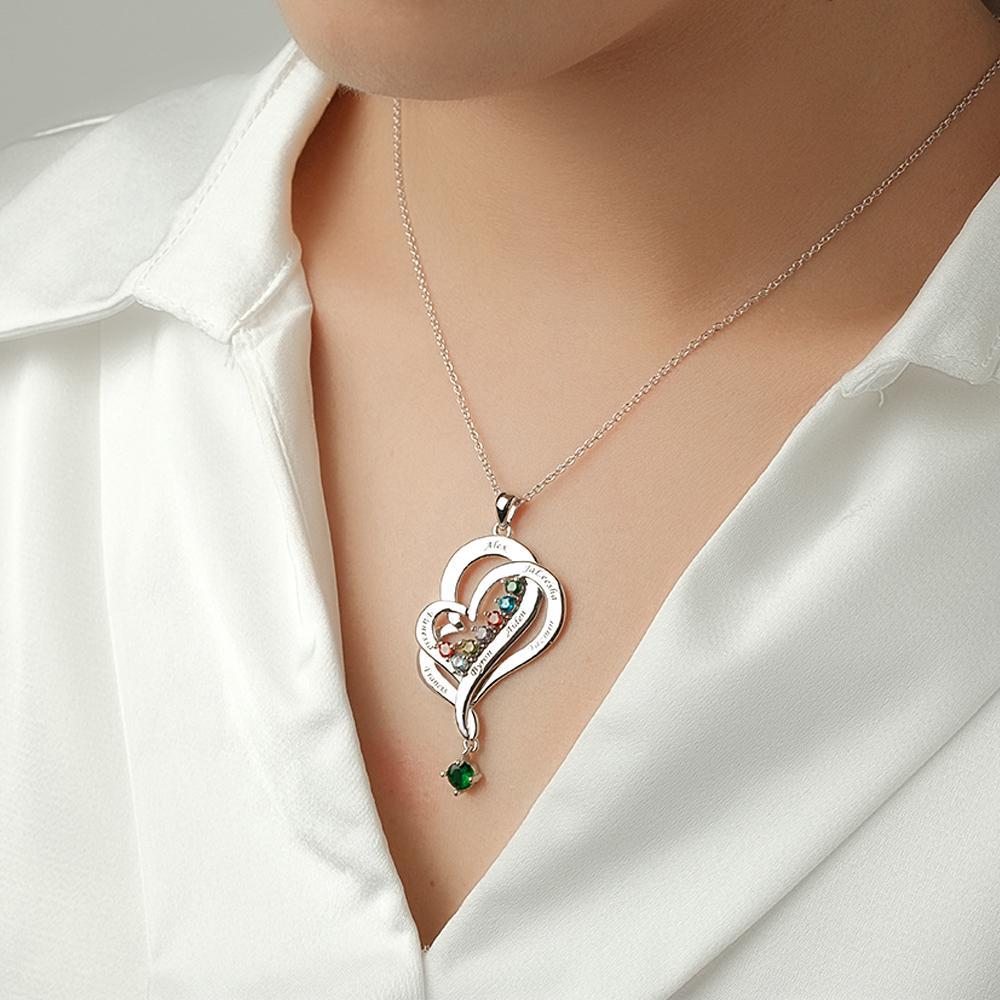 Collar De Corazones Dobles Con Piedra Natal Personalizada, Joyería Colgante Elegante Grabada Para Ella - soufeeles