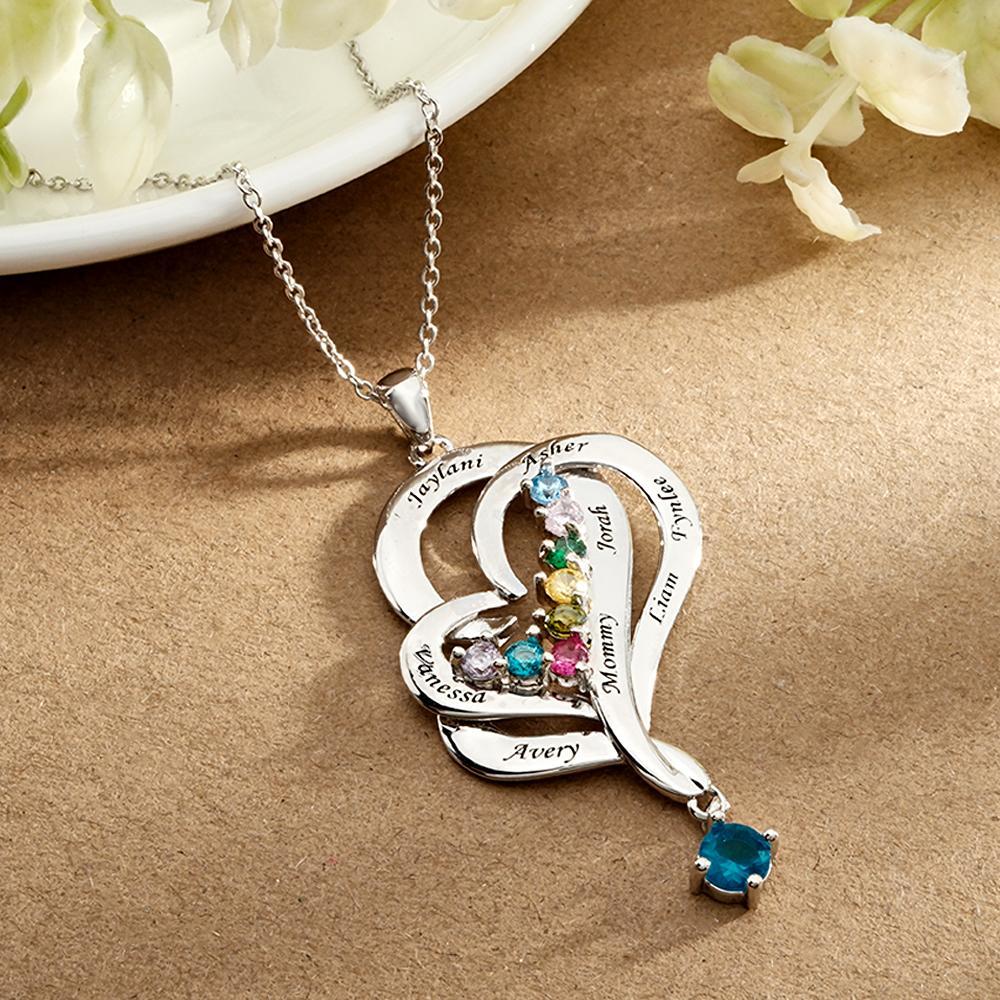 Collar De Corazones Dobles Con Piedra Natal Personalizada, Joyería Colgante Elegante Grabada Para Ella - soufeeles