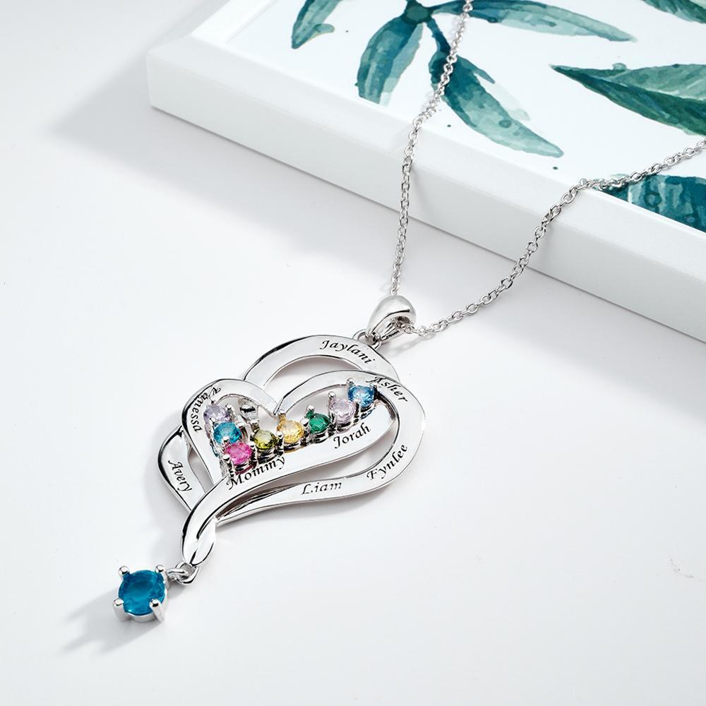 Collar De Corazones Dobles Con Piedra Natal Personalizada, Joyería Colgante Elegante Grabada Para Ella - soufeeles