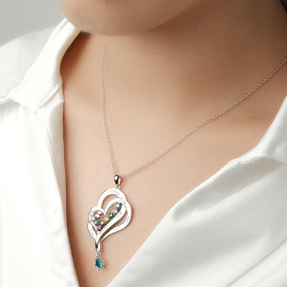 Collar De Corazones Dobles Con Piedra Natal Personalizada, Joyería Colgante Elegante Grabada Para Ella - soufeeles