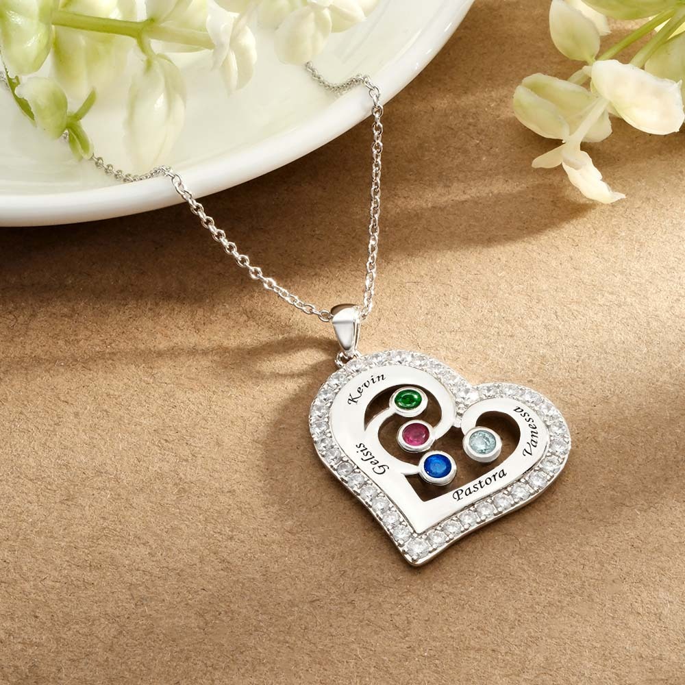 Collar Hueco Con Forma De Corazón Grabable Con Decoración De Circón, Regalos Familiares - soufeeles