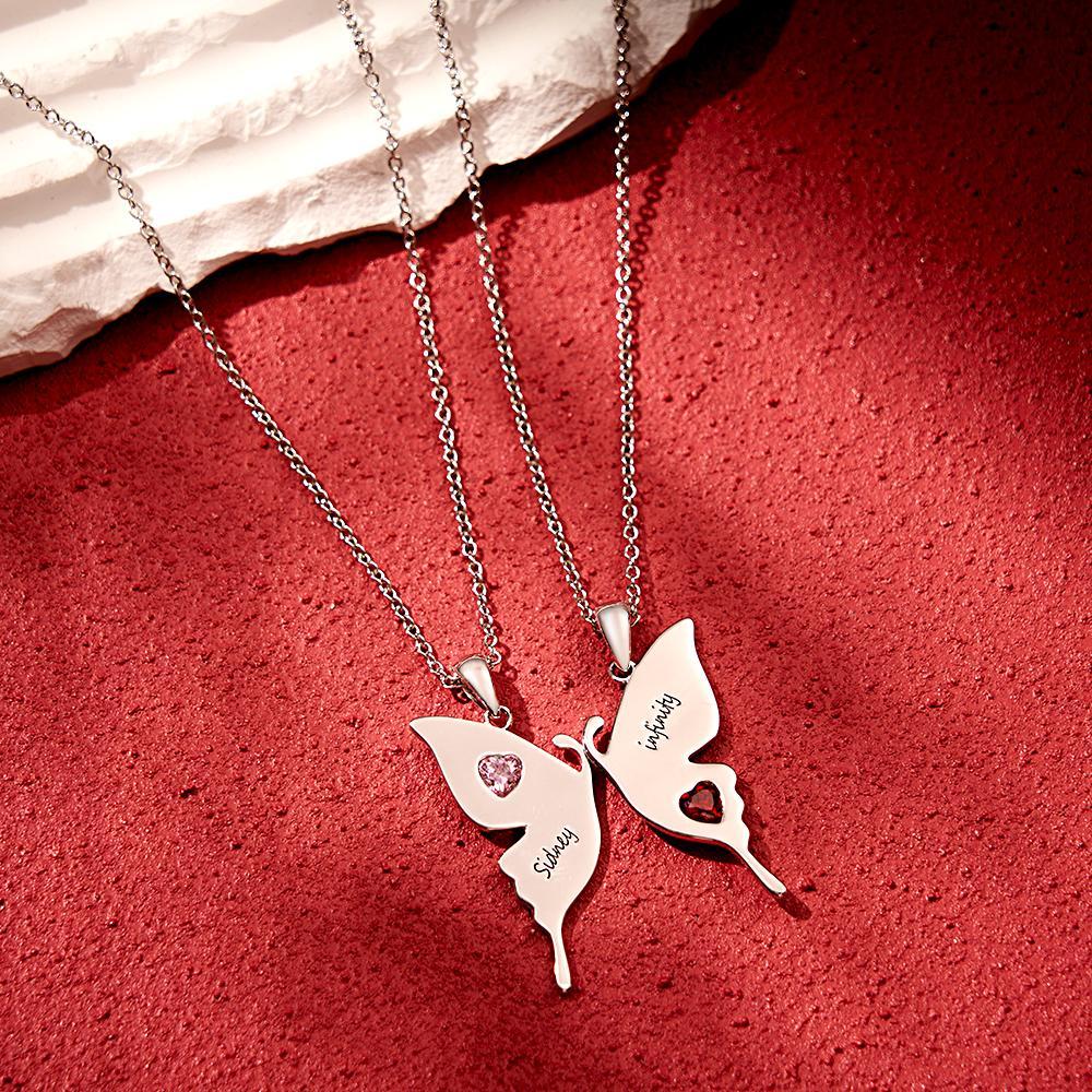 Collar De Mariposa Grabado Personalizado Con Cadenas Dobles De Piedra Natal De Corazón, Regalos Creativos Para Hermanas - soufeeles