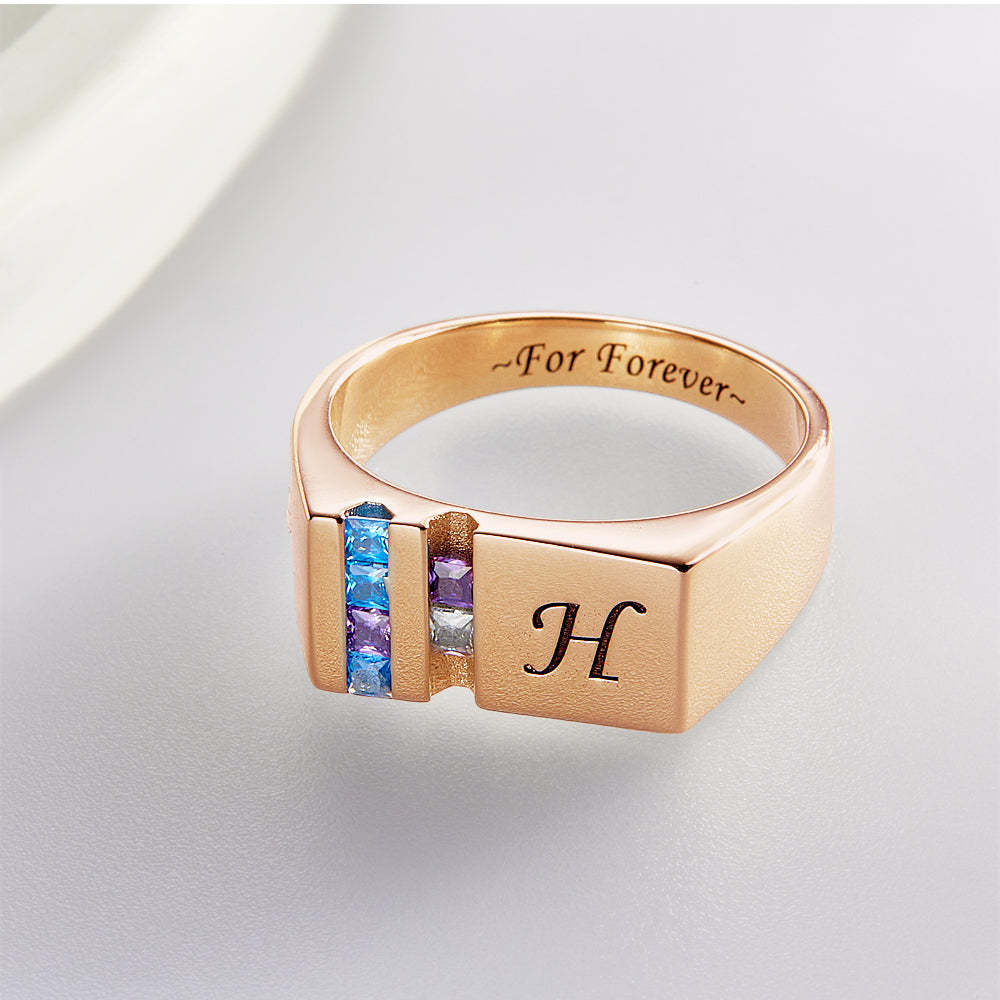 Anillo De Piedra Natal Con Texto Personalizado, Chapado En Oro Rosa, Anillo Familiar Personalizado, Regalo Para Ella - soufeeles