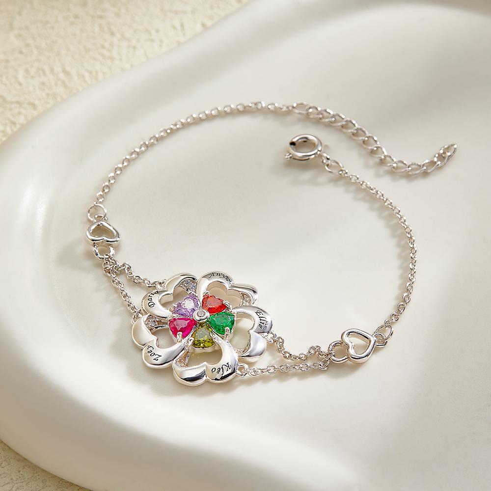 Pulsera Grabada Con Piedra Natal De Moda, Pulsera Ajustable Con Flores Personalizadas Para Ella - soufeeles