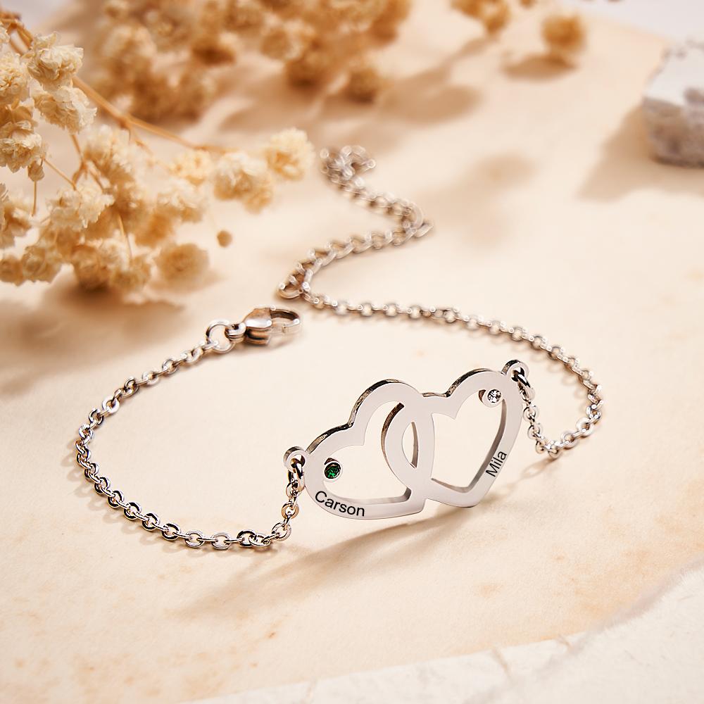 Pulsera Grabable Combinada De Doble Corazón Con Pulsera De Cadena Con Piedra Natal, Regalos Para Mujer - soufeeles