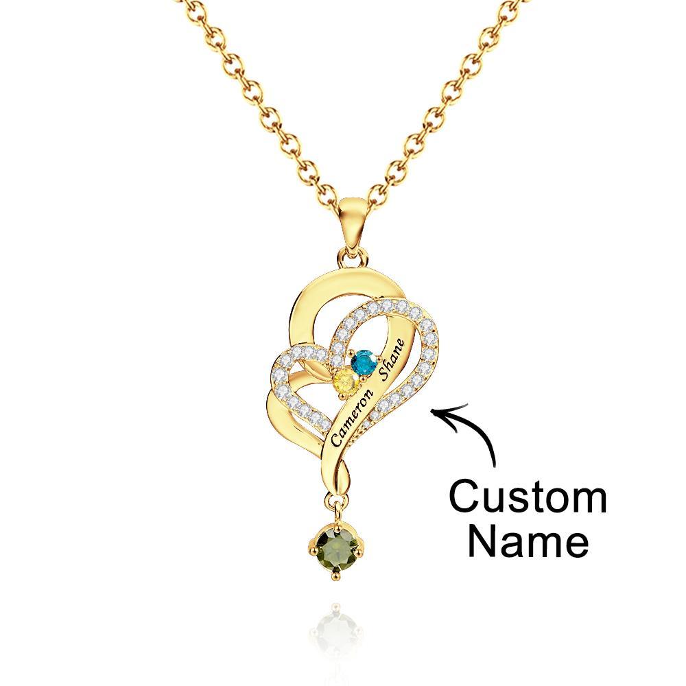 Collar De Corazones Dobles Con Piedra Natal Personalizada, Joyería Colgante Elegante Grabada Para Ella - soufeeles