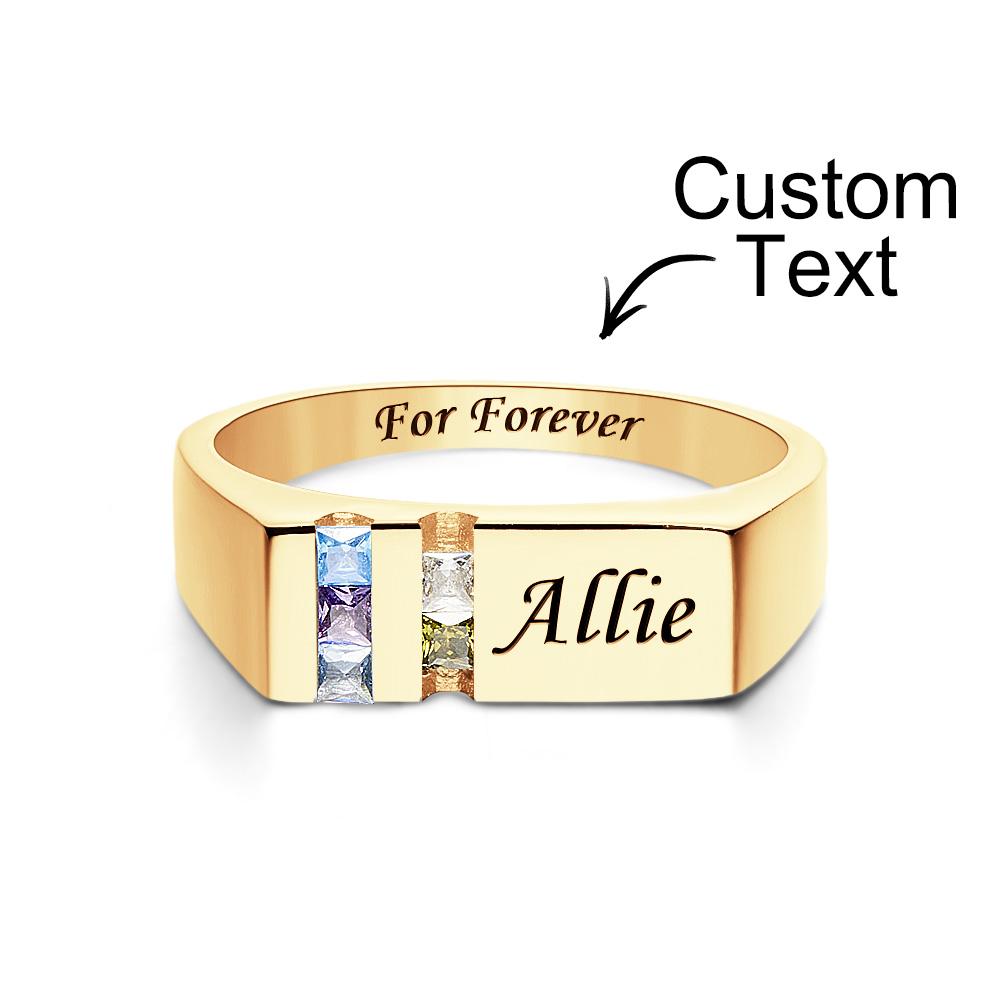 Anillo Con Piedra De Nacimiento Con Texto Personalizado, Anillo Familiar Personalizado Chapado En Oro De 18k, Regalo Para Ella - soufeeles