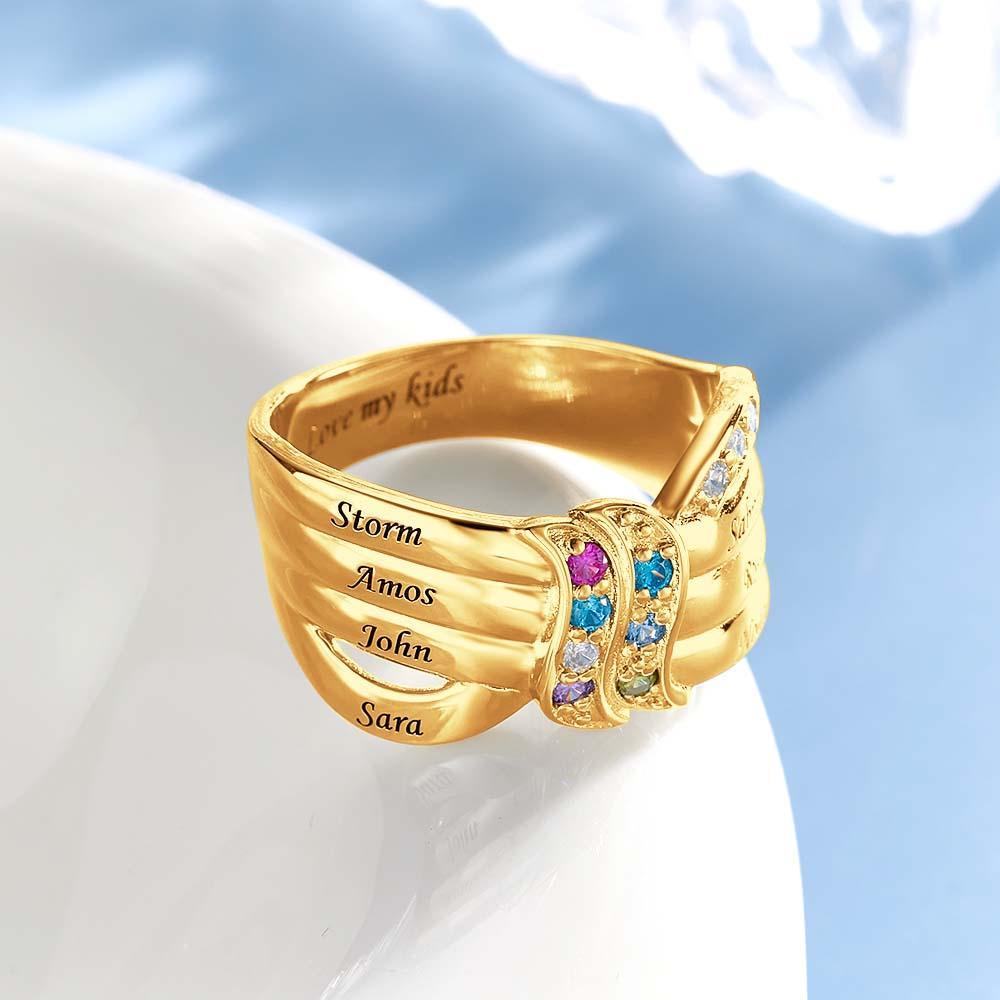 Anillo Personalizado Con Nombre Y Texto Con Piedra Natal, Chapado En Oro De 18 Quilates, Regalo Familiar Personalizado Para Ella - soufeeles