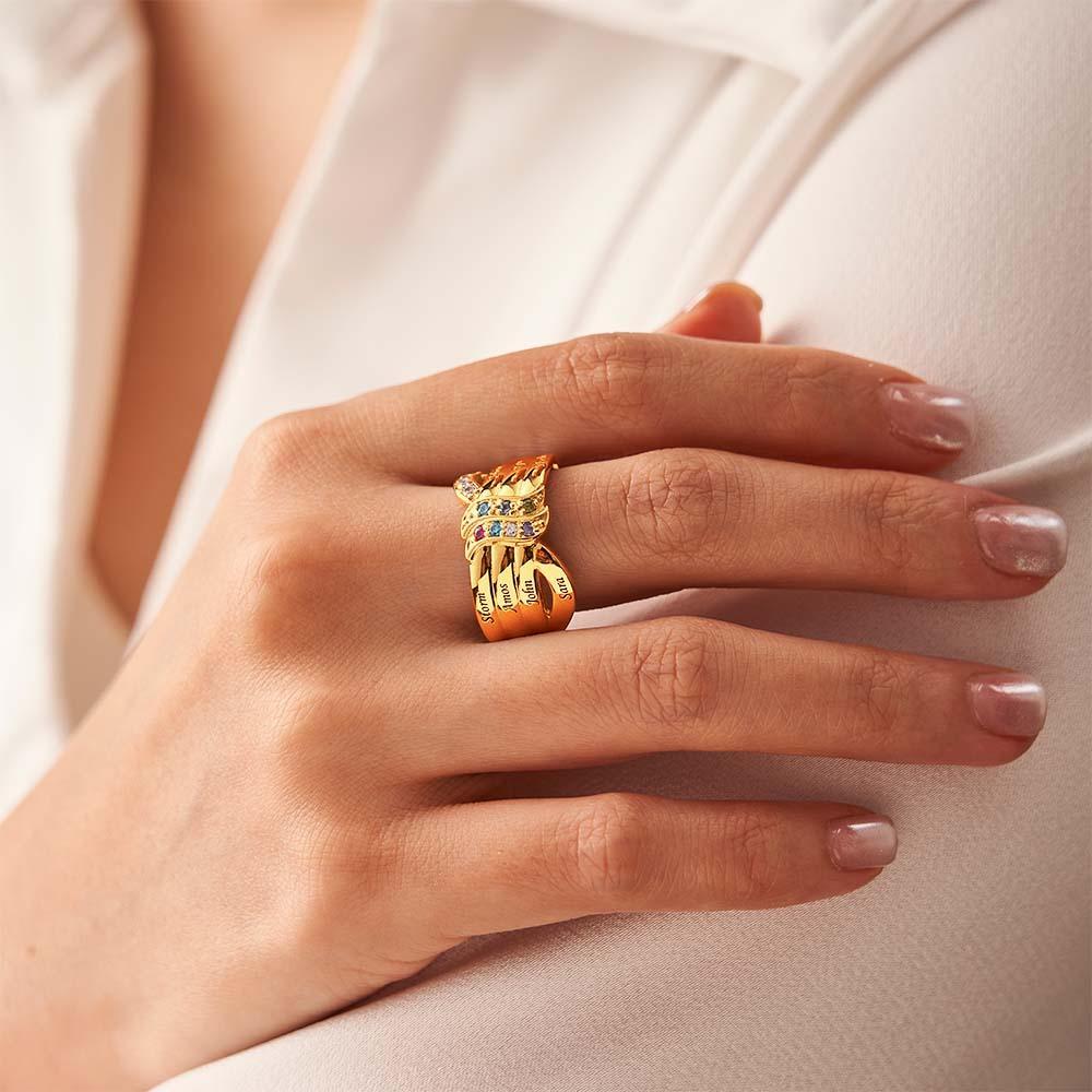 Anillo Personalizado Con Nombre Y Texto Con Piedra Natal, Chapado En Oro De 18 Quilates, Regalo Familiar Personalizado Para Ella - soufeeles
