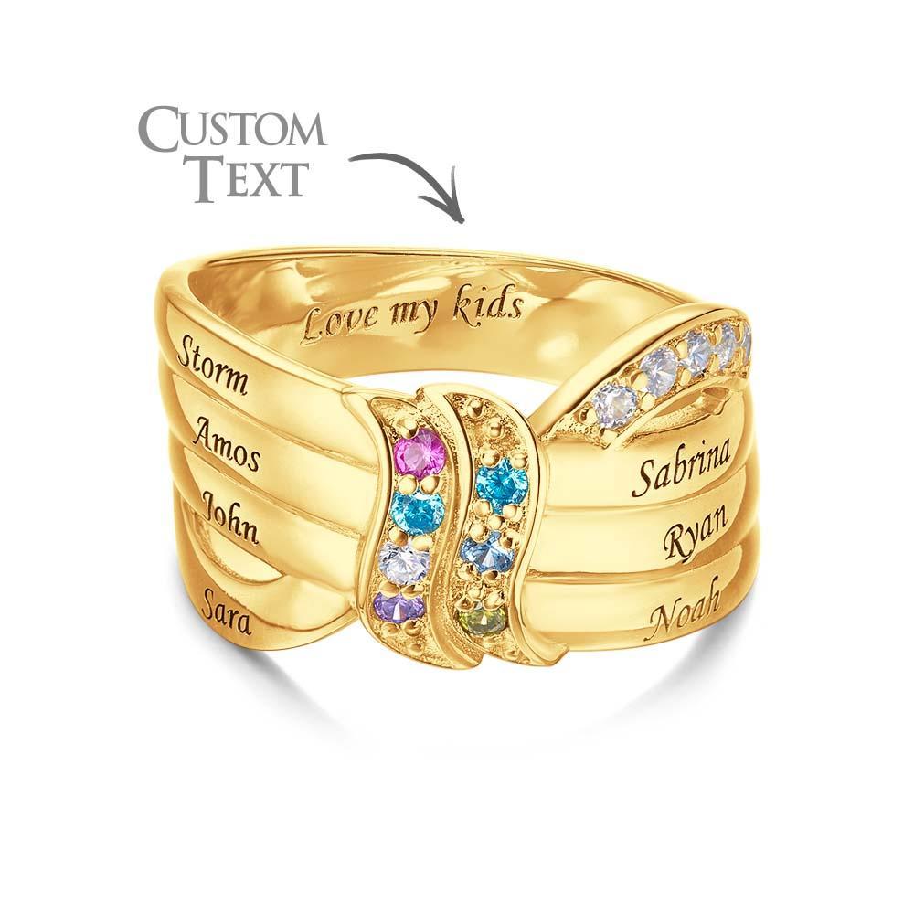 Anillo Personalizado Con Nombre Y Texto Con Piedra Natal, Chapado En Oro De 18 Quilates, Regalo Familiar Personalizado Para Ella - soufeeles