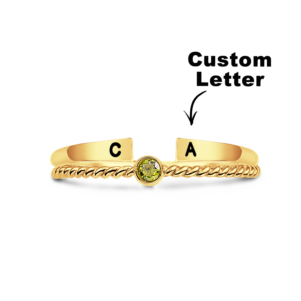 Conjunto De Anillos Con Inicial Personalizado Conjunto De Dos Anillos Con Piedra Natal Retorcida Y Ajustable Personalizado - soufeeles