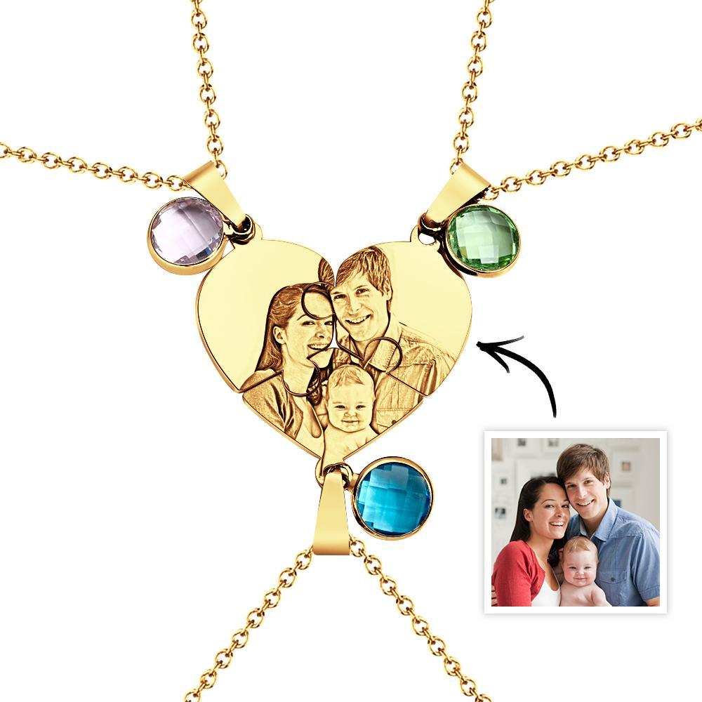 Foto Personalizada, Collar De Rompecabezas De Tres Corazones Con Colgante De Piedra Natal, Joyería, Regalos Para La Familia - soufeeles