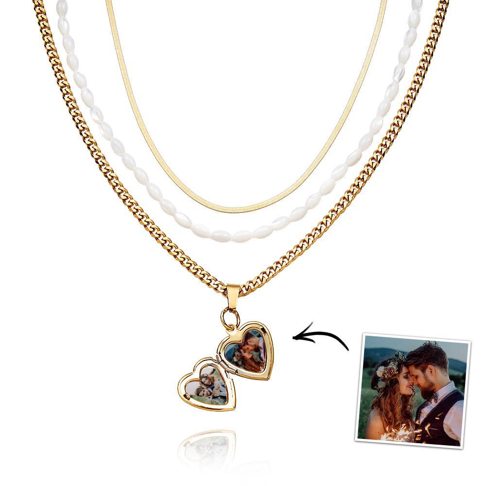 Conjunto De Cadena Triple Collar De Fotos Collar De Fotos Personalizado En Forma De Corazón Regalo Para Mujeres - soufeeles