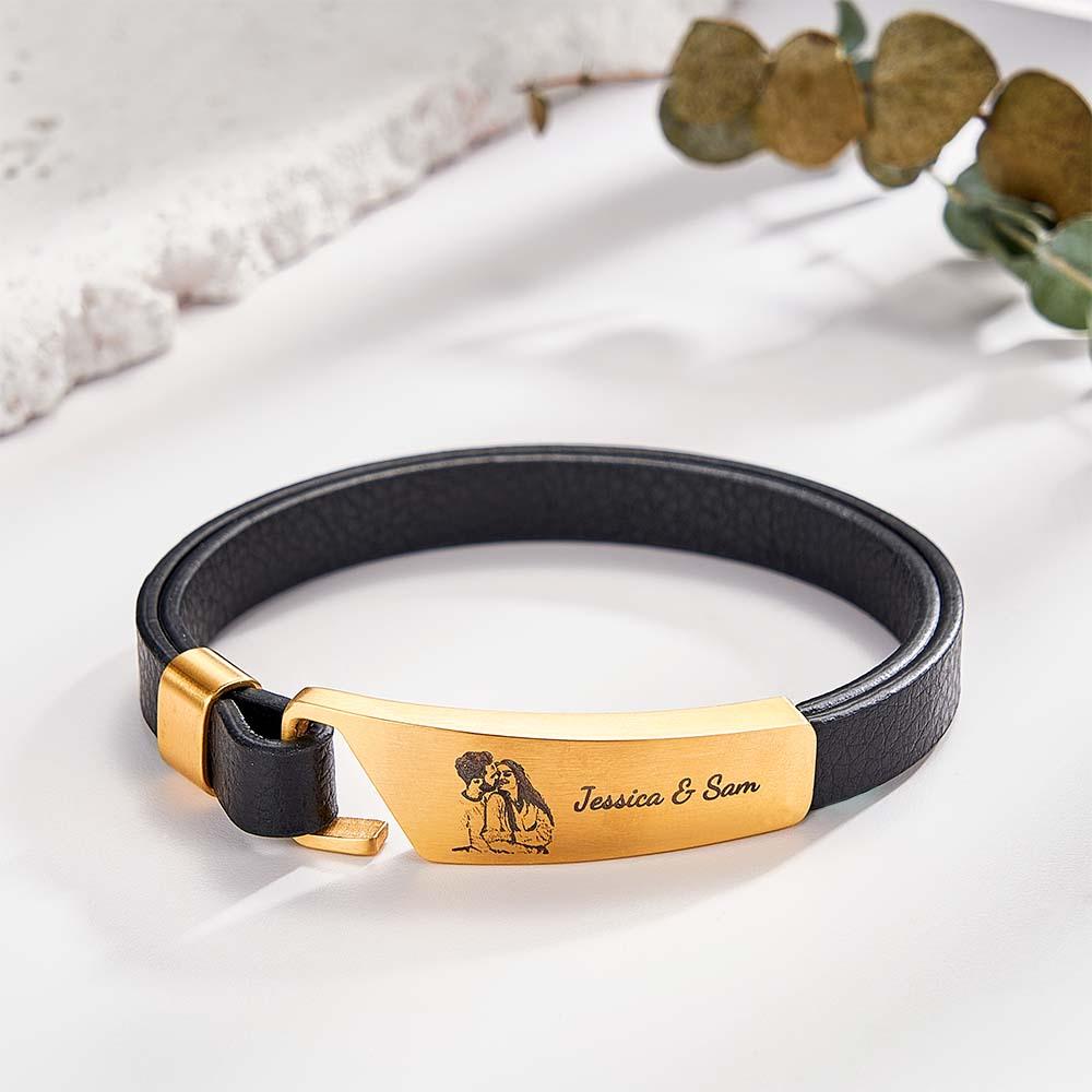 Pulsera De Cuero Con Foto Personalizada Con Texto Pulsera Retro Simple Regalo Para Hombres - soufeeles