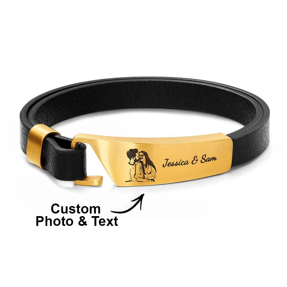 Pulsera De Cuero Con Foto Personalizada Con Texto Pulsera Retro Simple Regalo Para Hombres - soufeeles