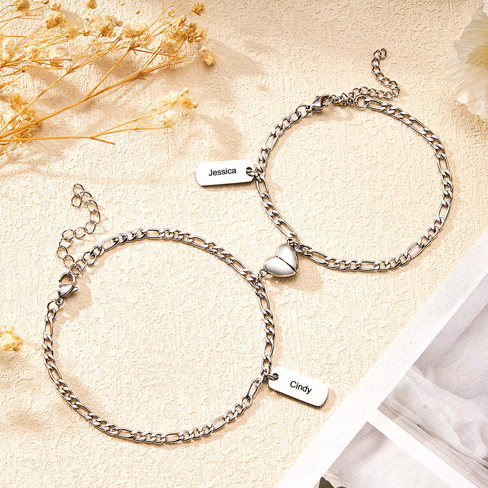 Pulsera Grabada Personalizada Corazón Magnético Cadena Simple Regalo De Pareja - soufeeles