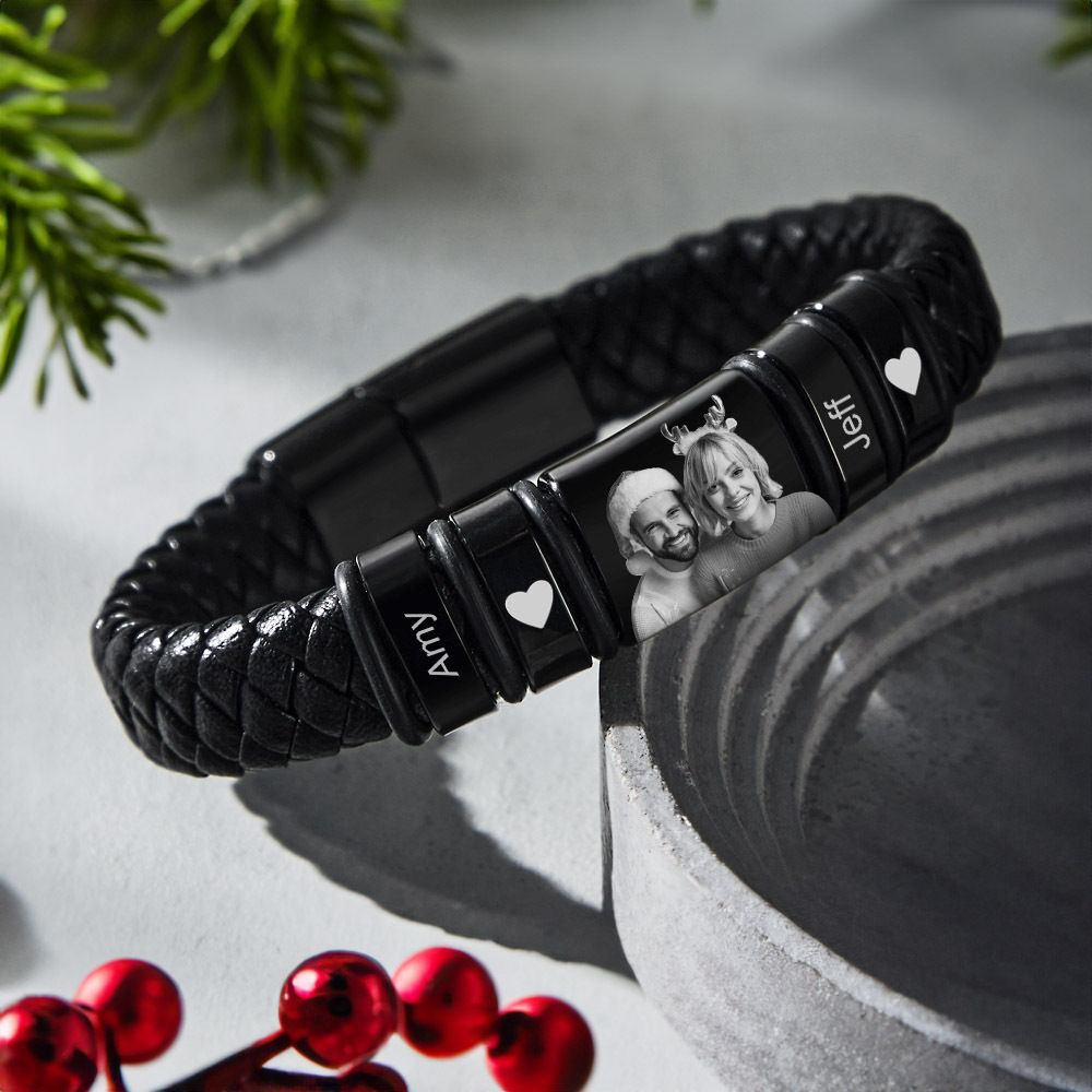 Pulsera Personalizada Con Foto Grabada, Pulsera De Cuero, Regalos De Navidad Para Hombre Para Él - soufeeles