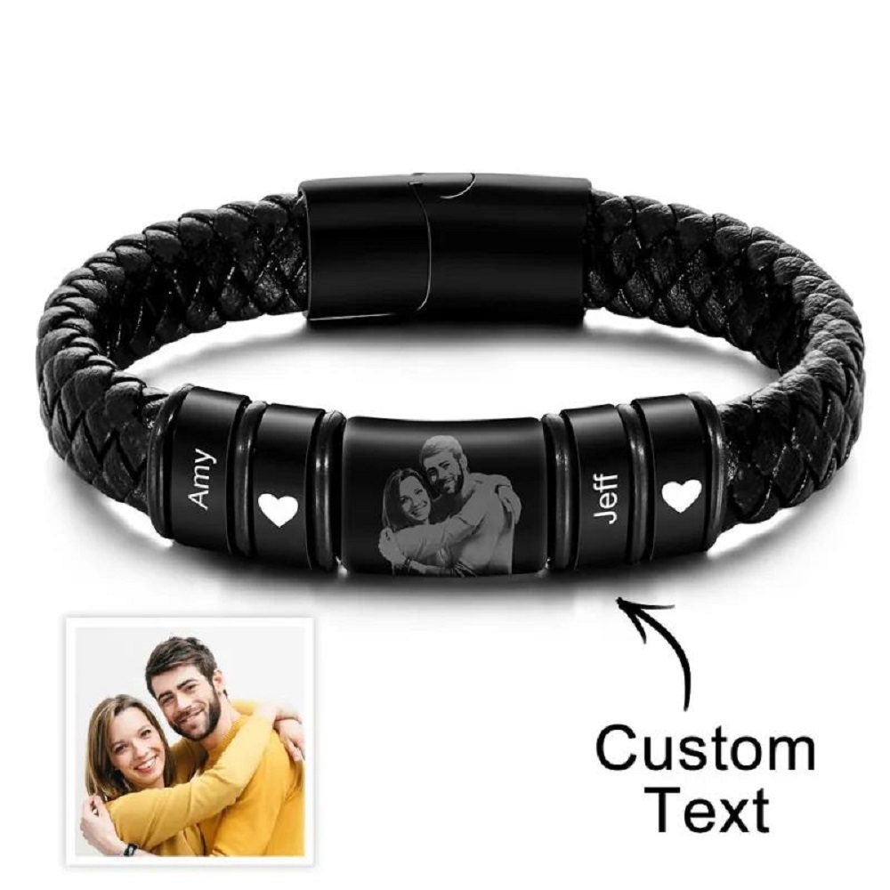 Pulsera Personalizada Con Foto Grabada, Pulsera De Cuero, Pulsera Para Hombre, Regalos Para Él