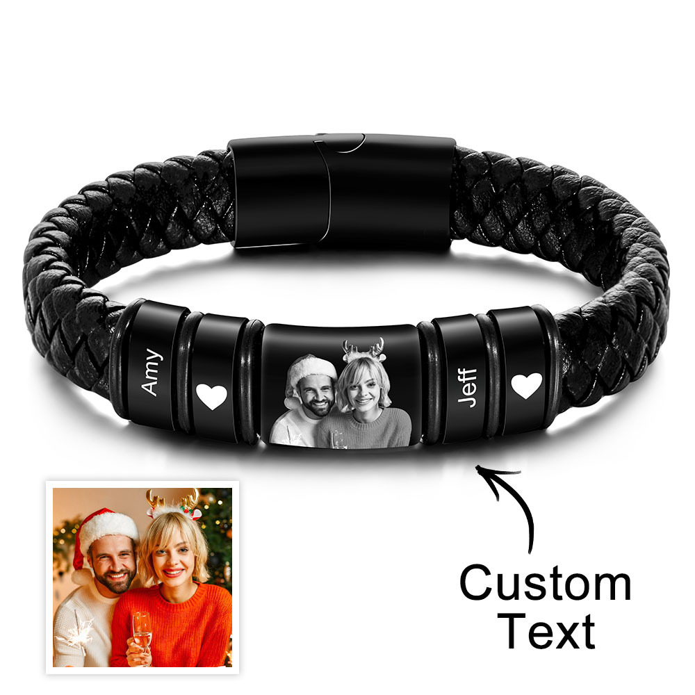 Pulsera Personalizada Con Foto Grabada, Pulsera De Cuero, Regalos De Navidad Para Hombre Para Él - soufeeles