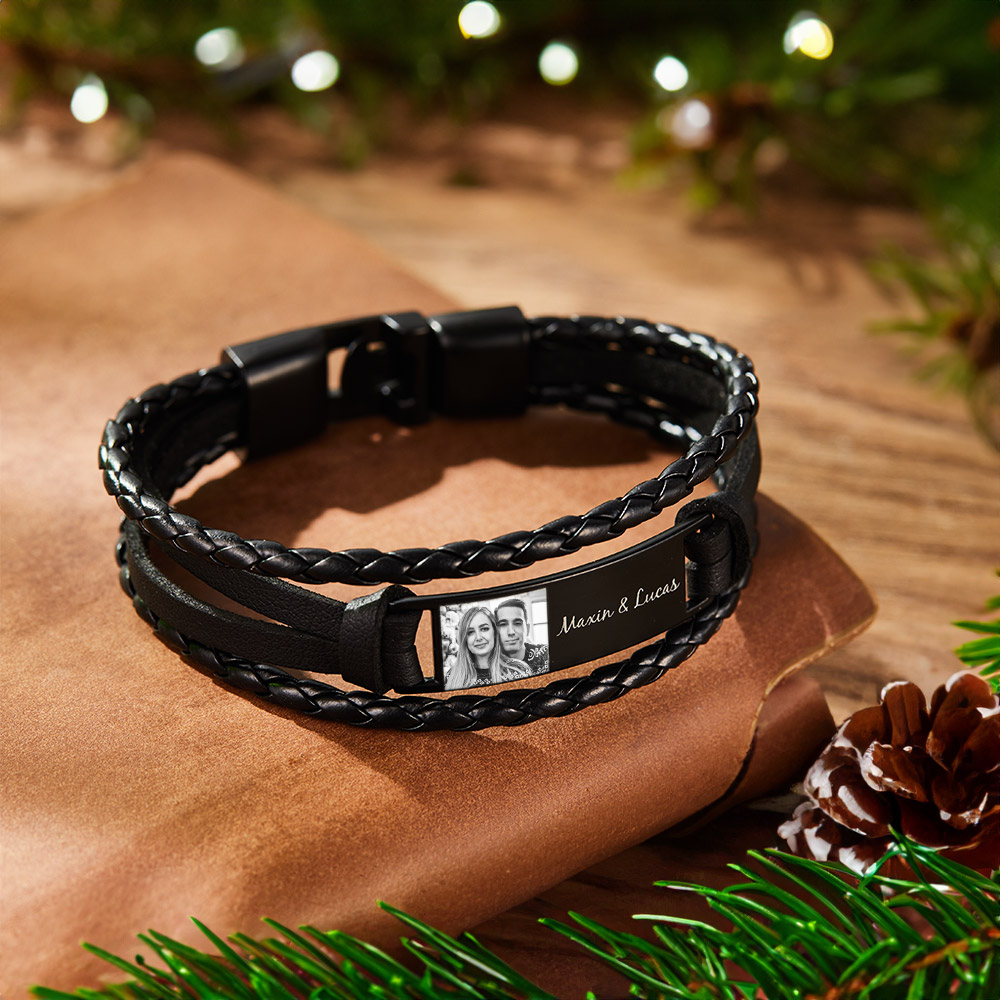 Pulseras Personalizadas Para Hombre, Pulsera Grabada De Cuero Con Foto, Los Mejores Regalos De Navidad Para Él - soufeeles