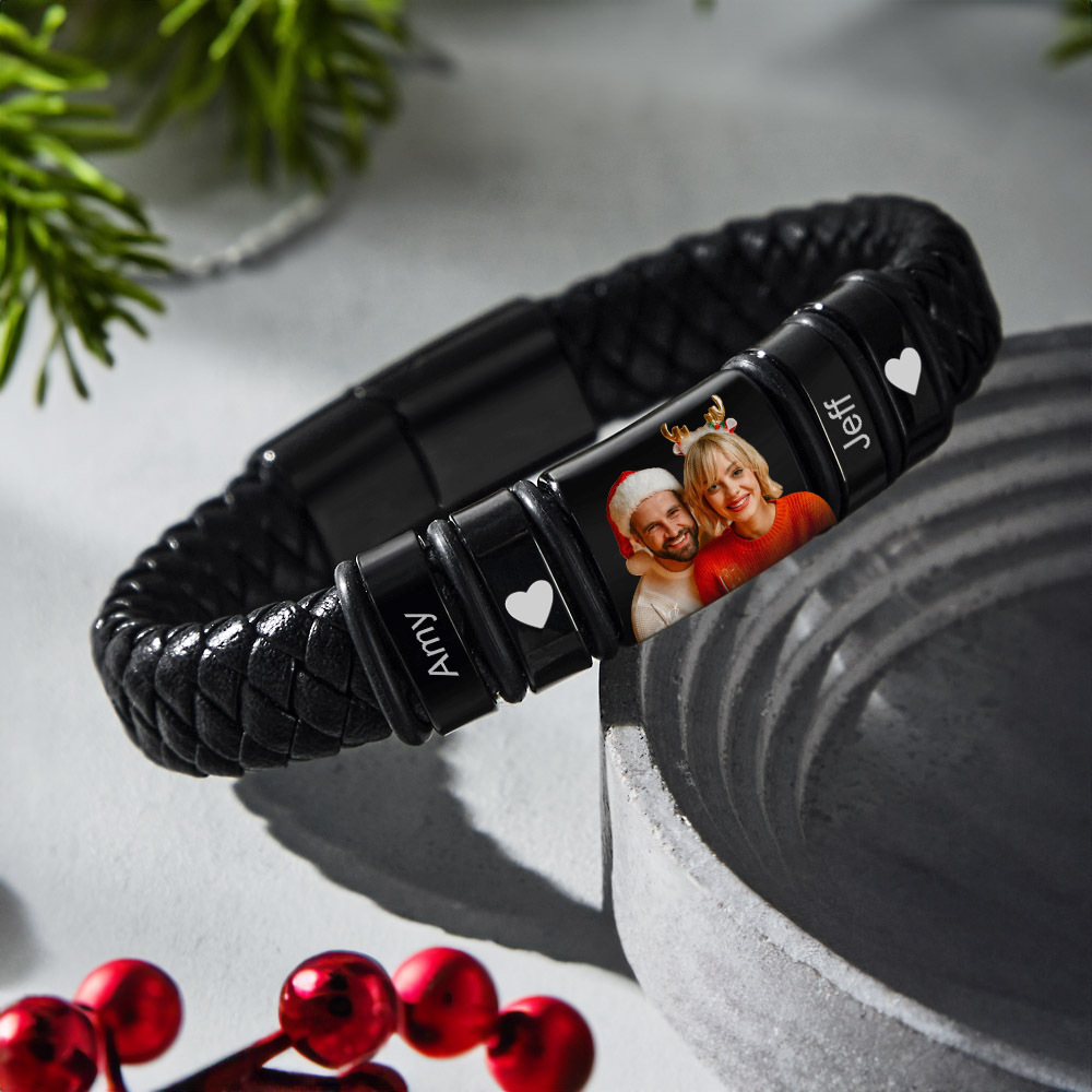 Pulsera Personalizada Con Foto Grabada, Pulsera De Cuero, Regalos De Navidad Para Hombre Para Él - soufeeles