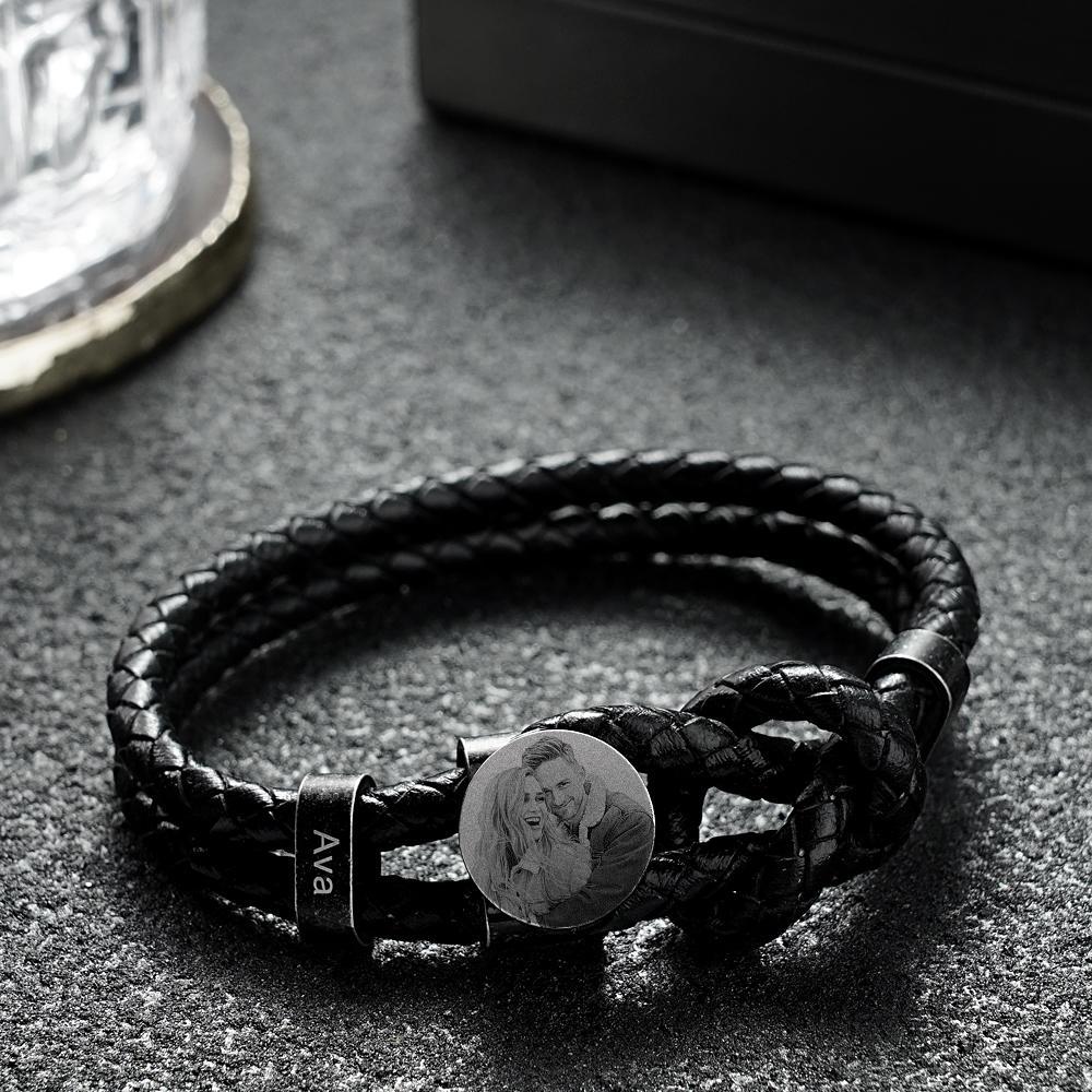 Pulsera Con Foto De Cuero Retro Para Hombre Con 2-5 Nombres Regalos Personalizados Con Foto De Apellido Para Papá Regalos Del Día Del Padre - soufeeles